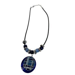 Blue & Silver Beaded Pendant Necklace With Adjustable Black Cord 22" Boho Art